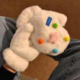 目丸可爱搞怪毛绒连指手套女冬季保暖加绒加厚毛茸茸秋冬天防寒冻学生 星星糖豆手套白色