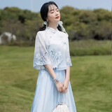 妍莉芬（yanlifen）新中式禅意茶服旗袍套装女日常改良汉服文艺国风显瘦温柔连衣裙夏 蓝色上衣+蓝色半裙 M