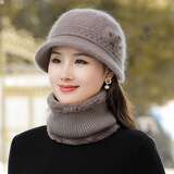 承莉中老年秋冬帽子女兔毛针织盆帽冬季老人妈妈帽老太太帽子围脖套装WJF (光帽子)卡其