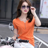 登森奥奥新款纯棉短袖t恤女夏装半袖女装V领显瘦短袖女T恤修身上衣 桔红色 L 建议95-110斤