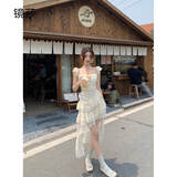 镜莎法式吊带连衣裙女夏季2024新品设计感气质收腰前短后长仙女中长裙 米杏色 均码（可备注码数）