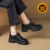 ZHR单鞋女真牛皮英伦风乐福鞋女加绒保暖系带女鞋 AY78AN 黑色 37