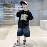 巴帝巴帝男童夏季套装2024新款男孩中大儿童时髦洋帅气夏装短袖衣服两件套 黑色 140cm