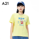 A21新款春秋季休闲百搭短袖女装针织合体圆领短袖印花T恤衫上衣 浅黄绿 S