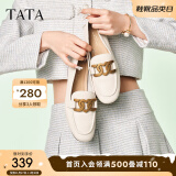 他她（TATA）通勤乐福鞋女平底单鞋英伦风一脚蹬皮鞋春秋新款7QC23AA2 米色 35