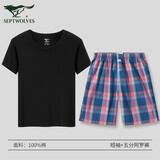 七匹狼睡衣睡裤男夏季纯棉短袖T恤短裤阿罗裤2件套可外穿家居服套装 黑色短袖+深蓝五分短裤 L -170（建议100-120斤）