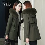 灵范儿派克服女新款冬獭兔毛内胆可拆卸小个子海宁狐狸皮草外套短款 军绿色 2XL