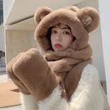 浩冠 网红冬季毛绒耳朵小熊帽子女围巾手套一体加厚加绒韩版女生可爱百搭韩版 卡其 均码