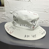 黑白涂鸦字母渔夫帽男潮牌嘻哈街头潮人日系韩版ulzzang学生潮盆帽ins夏季遮阳帽 白色 M（56-58cm）