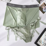 ZHUOFU【礼盒装】2条情侣内裤冰丝性感蕾丝绑带系带可解开无痕内衣套装 睫毛绑带款（绿色） 2条 L 女+男XL