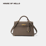 HOUSE OF HELLO品牌包包单肩包百搭女包二代mini凯莉包牛皮轻奢女包斜挎恶搞包包 20寸大象灰金扣升级蜡线