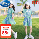 迪士尼（Disney）童装女童套装夏季2024新款中大童女孩夏装扎染纯棉短袖T恤半身裙 绿色（带安全裤） 140建议身高130-140cm年龄9-10岁