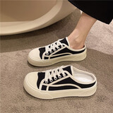 九寸阳光懒人包头半拖鞋女外穿2026年新款女春季帆布鞋子平底休闲半托女鞋 黑色38码 【4cm】