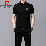 皮尔卡丹（pierre cardin）品牌男装短袖T恤套装欧货刺绣纯棉T恤衫长裤运动休闲两件套 536黑色套装 180码