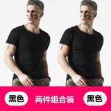 简束 短袖T恤男纯色棉质t恤夏季休闲运动紧身t恤男圆领修身打底汗衫潮 黑色+黑色（两件装） L （63kg左右）