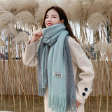 健卡丹围巾女冬季长款加厚韩版百搭针织毛线围巾男秋冬学生软妹情侣围脖 双色贴标 蓝灰 加厚