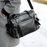 左森男包单肩包休闲包 韩版潮流男士包包复古斜挎包手提包旅行包 黑色 大号