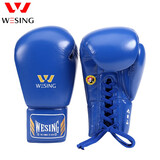 九日山 专业系绳款比赛散打拳套超纤皮泰拳搏击格斗训练拳击手套绑带 超纤蓝色(仿乳胶内胆) 8oz