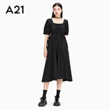 A21女装气质连衣裙女2023夏季新款法式方领收腰短袖黑色中长裙 黑色 S