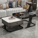 岩板茶几客厅家用茶几桌轻奢风格方形边桌组合可伸缩 黑架灰柜【白岩板+黑玻璃】