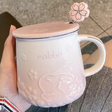品喻（PINYU）杯子陶瓷马克杯咖啡杯高颜值带盖勺创意水杯茶杯男女家居馆浅粉色