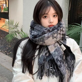 笙格儿秋冬季复古氛围感拼色格子围巾流苏男女韩版百搭学生保暖围脖披肩 黑灰格 均码