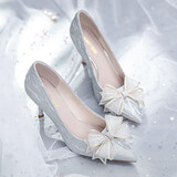 ZHR七夕礼物高跟鞋女细跟新品婚鞋水钻蝴蝶结单鞋子女尖头女鞋优雅 银色 37