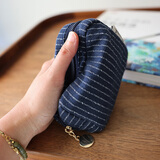 MIUCATCH可爱小包首饰手表口红银行卡耳机收纳女生便携迷你小巧小号化妆包 深蓝棉麻条纹小包