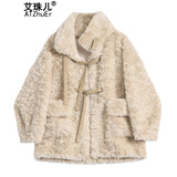 艾珠儿短款羊羔毛绒外套女冬季新款韩版加厚皮毛一体棉服女秋冬保暖棉衣 贡米色 M