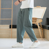 亚麻九分裤男夏季薄款中国风棉麻直筒裤宽松大码胖子哈伦休闲裤子 绿色 2XL 【130-145斤】