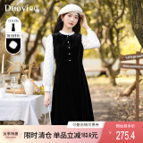 朵以（Duoyi）2023冬季新款法式赫本风丝绒连衣裙拼接蕾丝泡泡袖气质长裙女 黑色 S