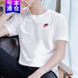 耐克（NIKE） t恤短袖男士2025夏季跑步训练健身运动衫透气休闲圆领半袖 纯棉AR4999-100白红刺绣小标 XL 180/建议体重150-180斤