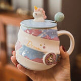 精东家 可爱独角兽陶瓷早餐杯子女生带盖勺咖啡马克杯高颜值家用喝水杯 蓝色独角兽-400ml+搅拌勺