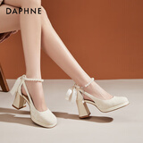达芙妮国风配裙子单鞋女粗跟增高黑色高跟鞋婚鞋玛丽珍鞋 米色 37 