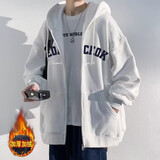 百鹊亭夹克男2025秋冬季美式潮牌连帽开衫外套男青少年时尚加绒卫衣男 白色加绒 L