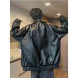 POUM美式复古痞帅皮衣hiphop机车夹克男秋季宽松休闲字母钢印外套男潮 QNFS-PU9109黑色 2XL