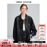 VEGA CHANG黑色皮衣女2024秋宽松显瘦机车风pu皮短外套 松绿黑 S