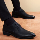 奥尔彼皮鞋男休闲真皮尖头透气软皮软底内增高男士英伦商务牛皮正装男鞋 黑色 39