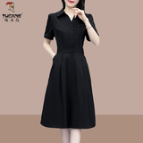 啄木鸟裙子2025新款夏季女装中年气质减龄显瘦有口袋纯色衬衫连衣裙 黑色 XL （建议115斤-130斤）