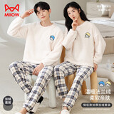 猫人情侣睡衣女士睡衣冬法兰绒珊瑚绒加厚加绒格子印花家居服米白L