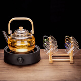 瓷牌茗茶具（cipaiming teaset） 电陶炉煮茶器煮茶壶茶炉家用小型电茶炉加厚耐热玻璃茶壶 竹柄煮茶壶+简约黑炉6彩杯+架