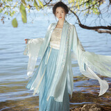 重回汉唐青女改良吊带直领对襟长衫一片式褶裙宋制汉服女装春 浅绿色直领对襟长衫/预售45天 M