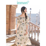 茵曼（INMAN）夏装新款方领中袖印花收腰纯棉过膝连衣裙女【1882104035】 咖啡色 M