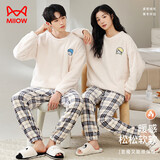猫人情侣睡衣男士睡衣冬法兰绒珊瑚绒加厚加绒格子印花家居服米白L