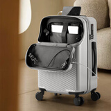 EAZZ前置开口行李箱女小旅行箱登机箱万向轮ins拉杆箱男密码皮箱子 【升级杯架款】银色 22英寸托运箱（前开盖/USB充电）