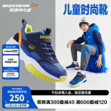 Skechers斯凯奇儿童绒绒靴男女童冬季防滑儿童加绒运动鞋中帮棉靴302527L 男童-不加绒/蓝色/多彩色/BLMT 28.5码