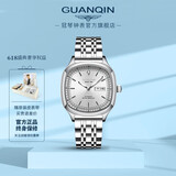 冠琴（GUANQIN）手表男全自动机械表潮流方型表带男士手表牛皮夜光防水桂花型男表 精钢本色白面