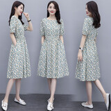 穆夏百合2025新款夏季女装时尚气质遮肚子显瘦棉麻碎花短袖连衣裙中长裙子 蓝花 L