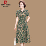 皮尔卡丹（pierre cardin）妈妈装夏季短袖碎花有领连衣裙中年女装衬衫领冰丝显瘦口袋裙子 绿色玫瑰 XL 建议90-105斤