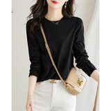 德玛纳（dme）【棉自由派】春秋松弛感撞色长袖t恤女可爱贴布绣藏肉女式t恤